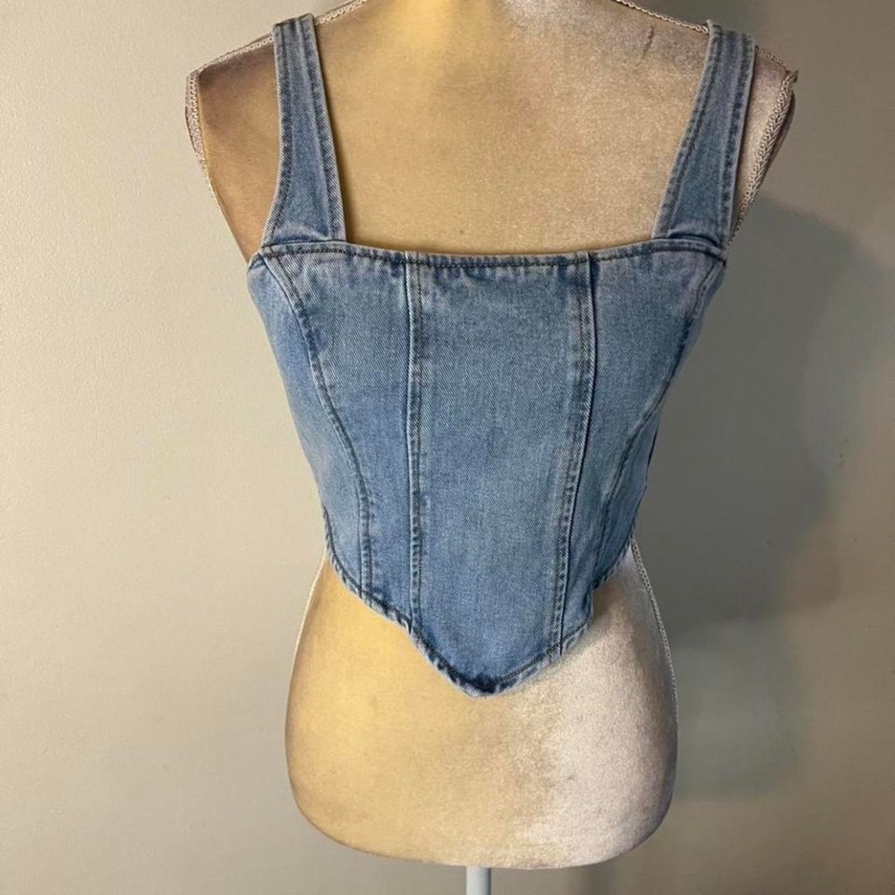 Forever 21 Women Blue Denim Corset‎ Top Light Wash Square Neck Size M Zip Back